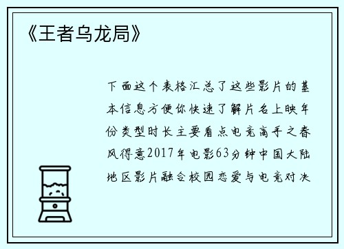 《王者乌龙局》
